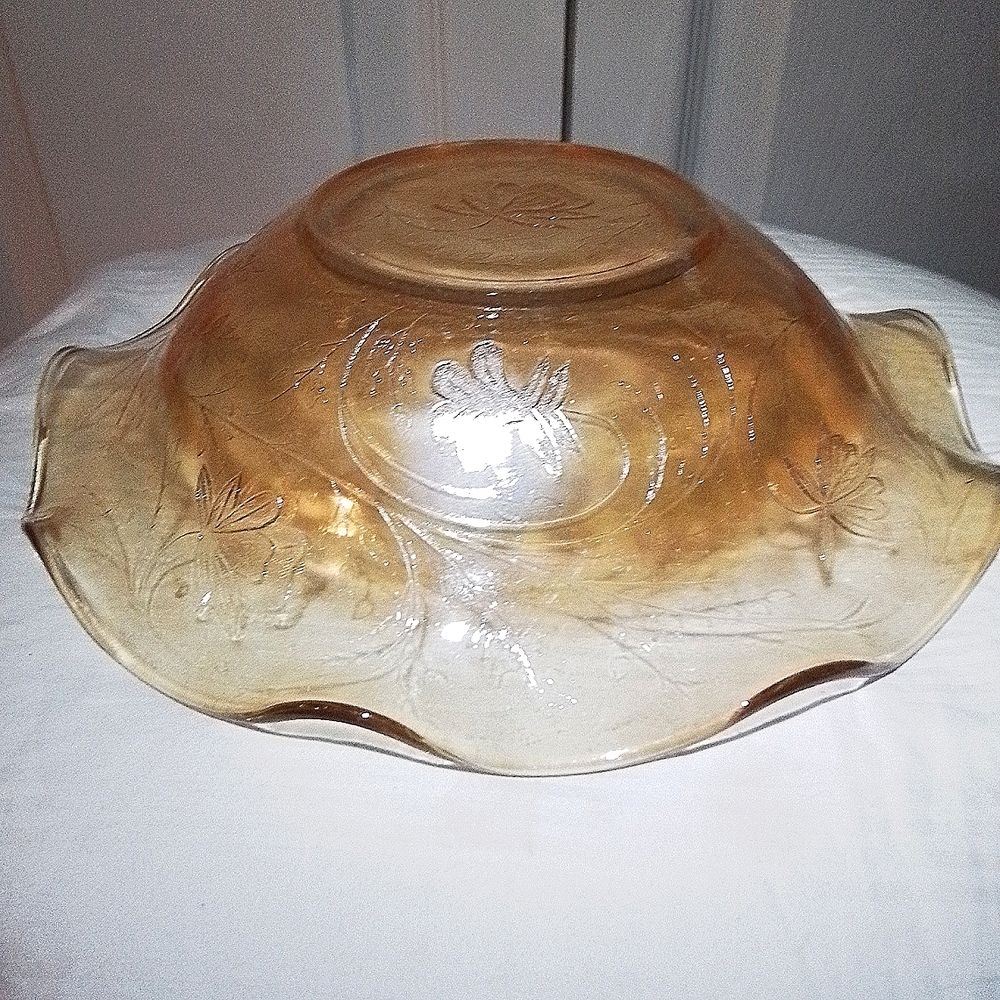 Anniversary Marigold Carnival Glass Centerpiece Bowl around 9" w and 2.5" t